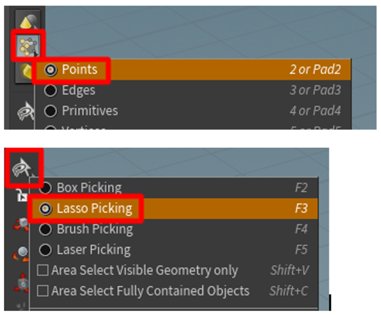 Points method and Lasso Picking tool selected Points method and Lasso Picking tool selected.