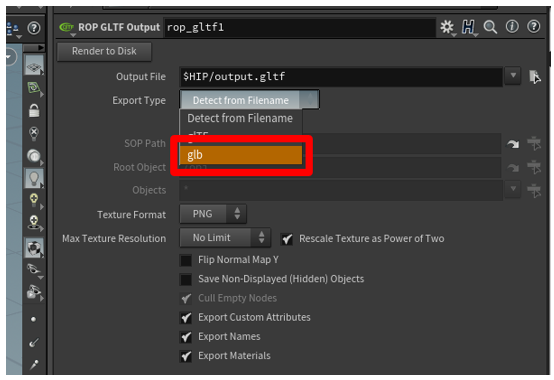 glb selected in the Export Type field glb selected in the Export Type field.