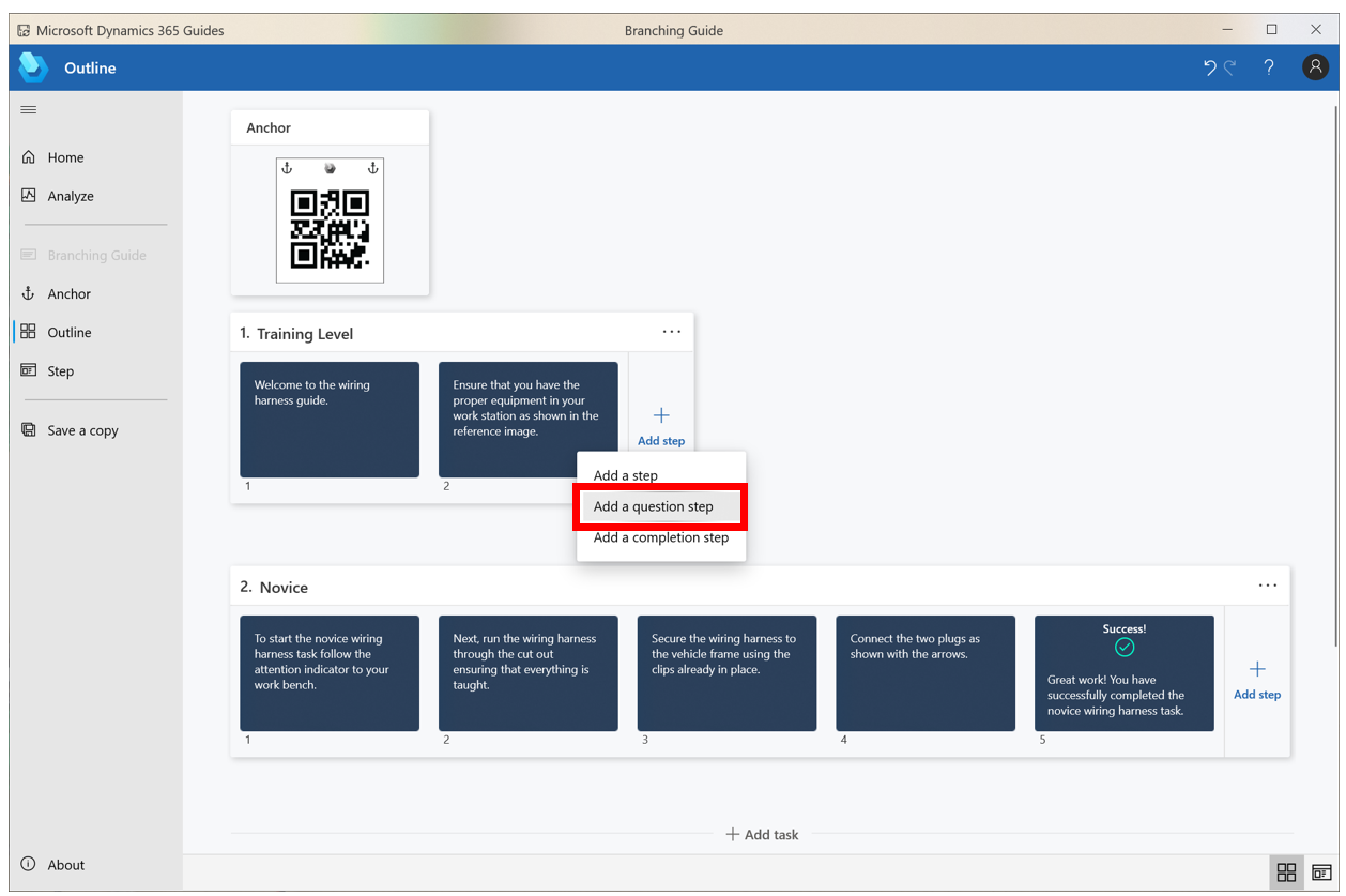 Outline view with Add step command Outline view with Add step command.