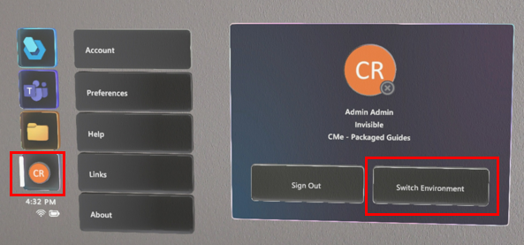 Screenshot, jossa näkyy Profiili- ja Vaihda-ympäristö HoloLens.