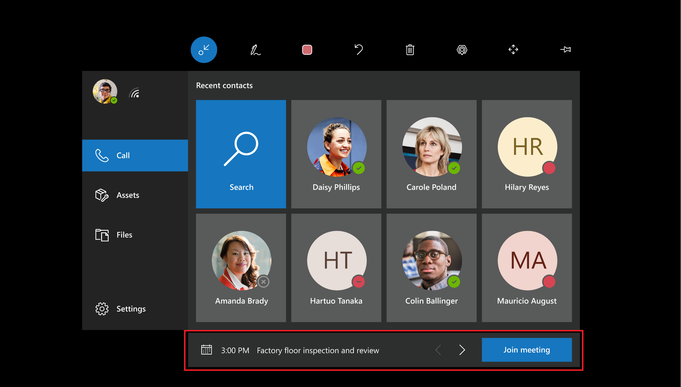 JoinMeeting Screenshot of the HoloLens field of view, showing the join meeting option at the bottom.
