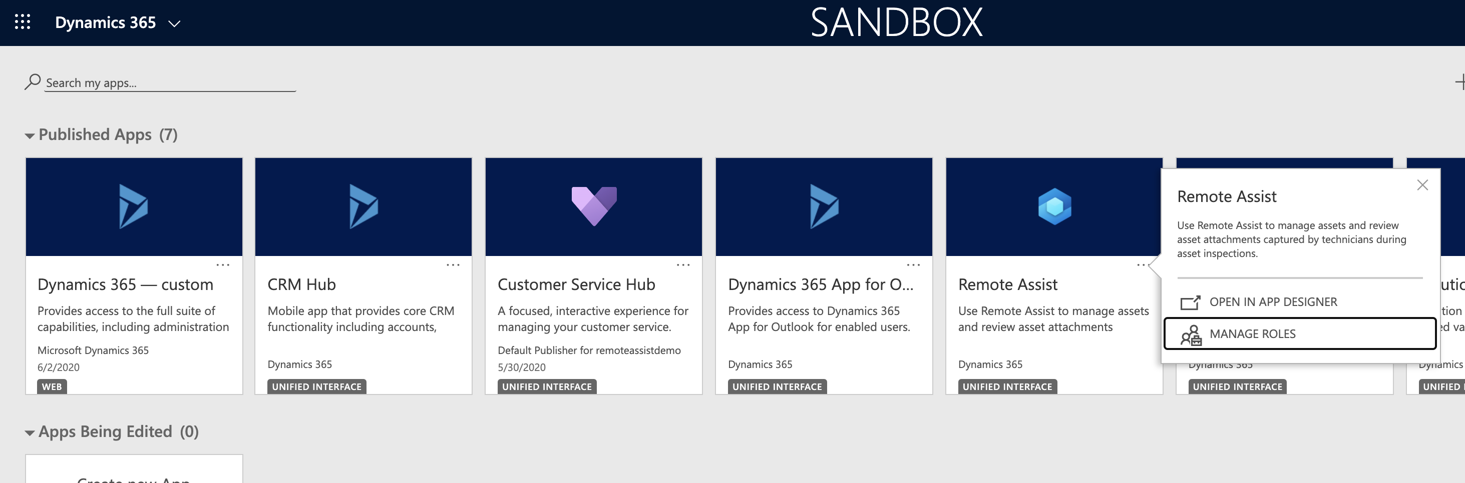 Screenshot of the Dynamics 365 Manage Roles for app menu.