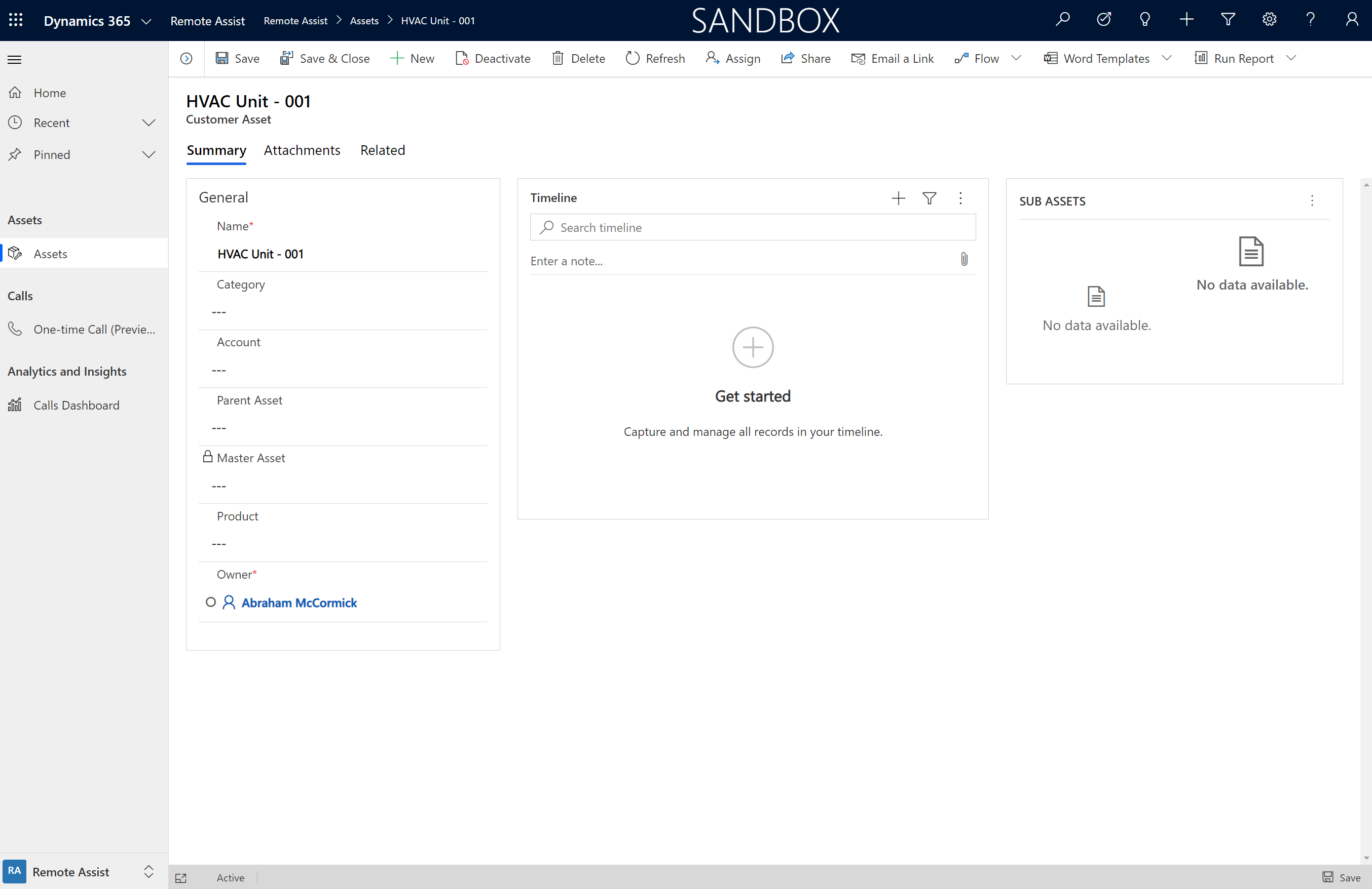 Dynamics 365 Remote Assist app Screenshot of the Dynamics 365 Remote Assist model-driven app, showing a customer asset.