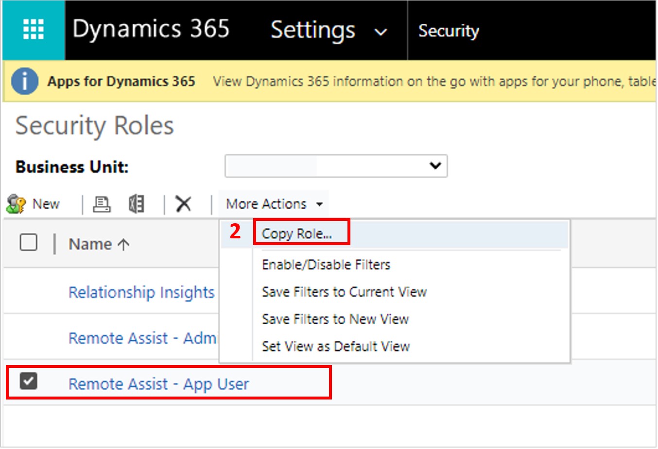 Screenshot of Remote Assist - App User role and Copy Role command highlighted Screenshot of Remote Assist - App User role and Copy Role command highlighted.