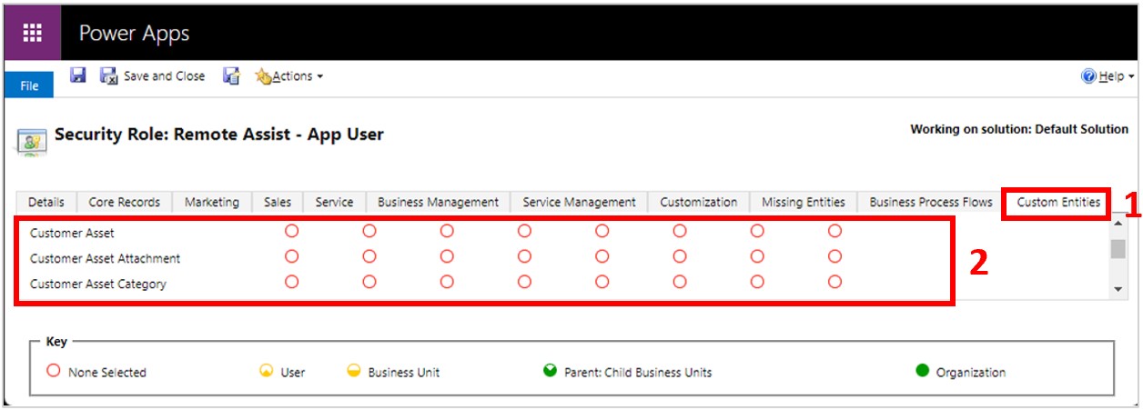 Screenshot showing Custom Entities tab and three Asset entities highlighted Screenshot showing Custom Entities tab and three Asset entities highlighted.