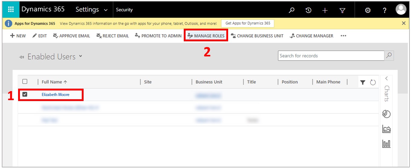 Screenshot of selected user role and Manage Roles command highlighted Screenshot of selected user role and Manage Roles command highlighted.