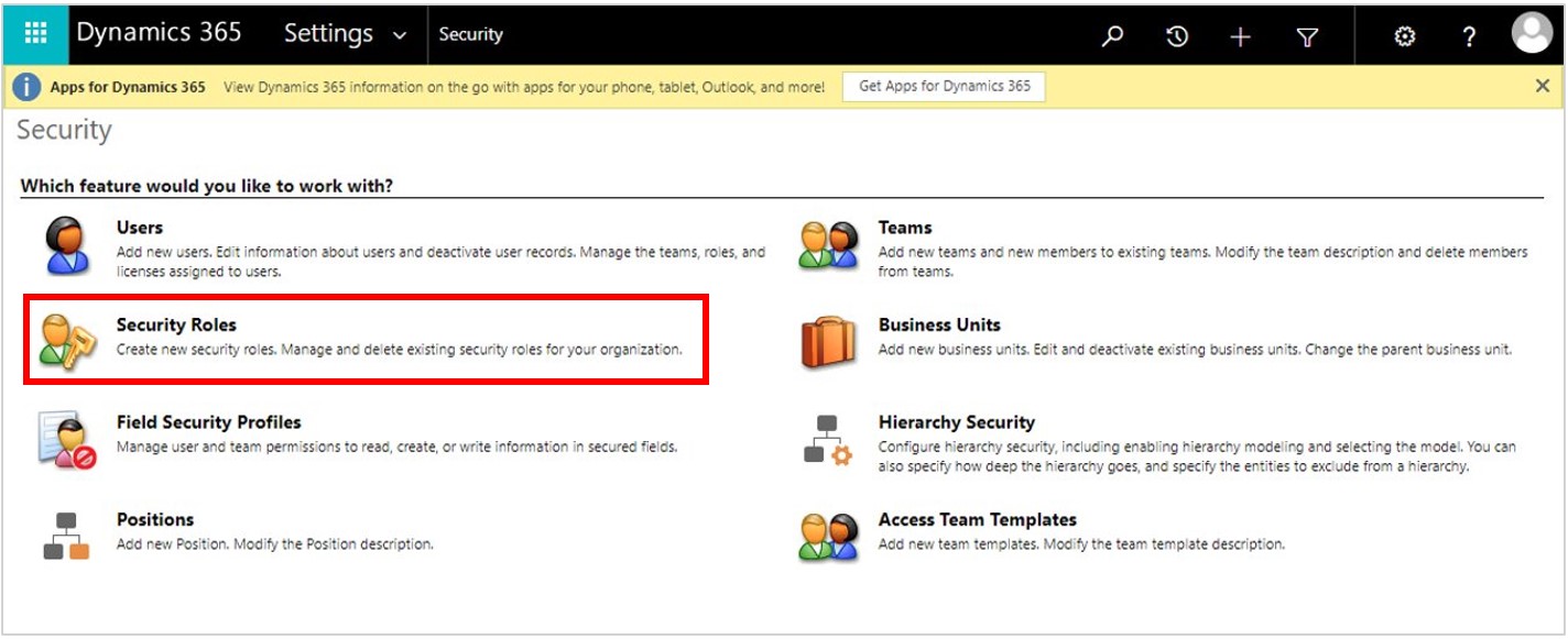 Screenshot showing Security Roles command highlighted Screenshot showing Security Roles command highlighted.