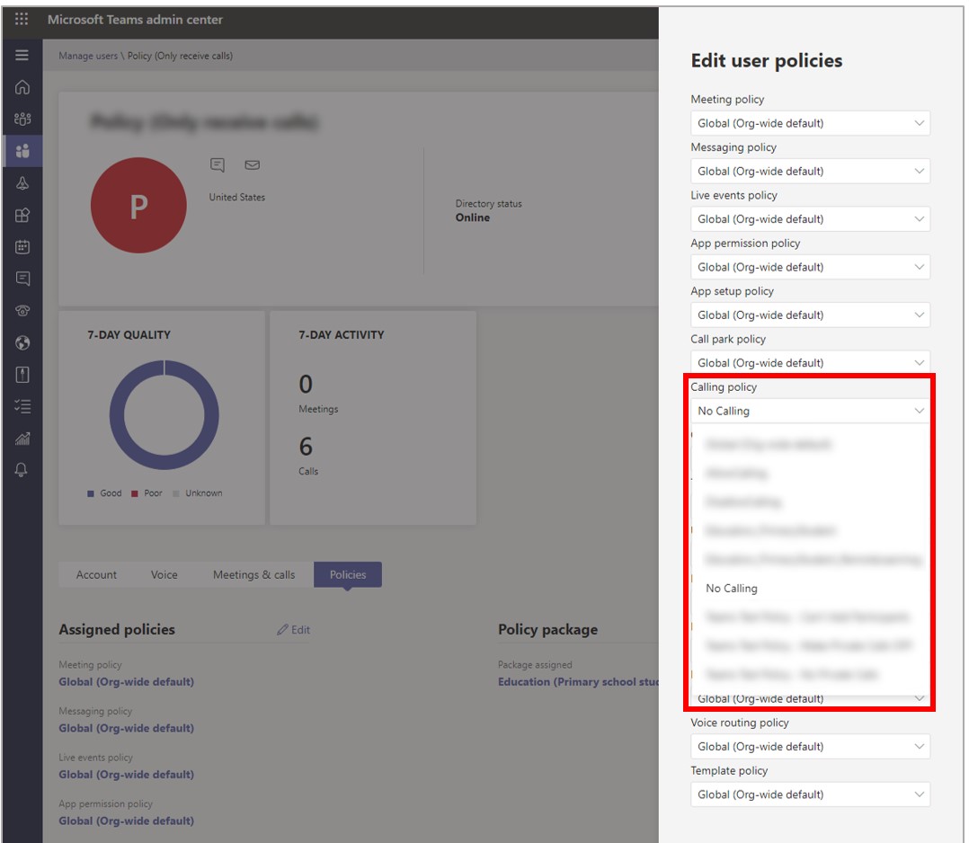 Screenshot of Calling policy list opened Screenshot of Calling policy list opened.