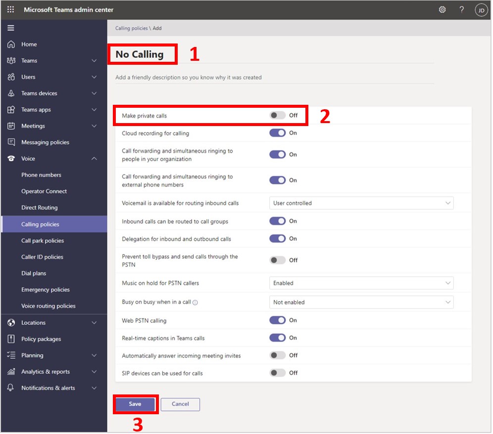 Screenshot highlighting description, Make private calls option, and Save button Screenshot highlighting description, Make private calls option, and Save button.
