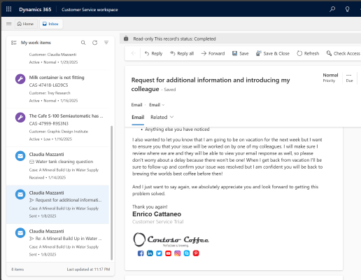 Esimerkki uuden Fluent 2:n rakennemuutoksista Customer Service workspacessa.
