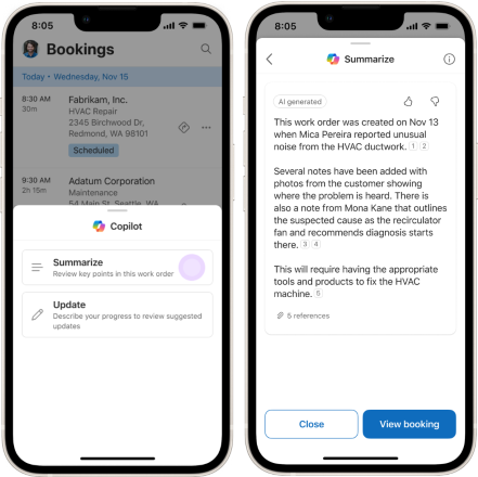 Screen-kuva Copilot työtilauksen yhteenvedosta uudessa mobiilissa UX.