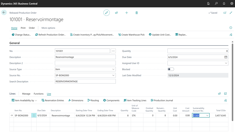 Tuotantotilaus ja laskettu hiilidioksidiekvivalentti (CO2e)
