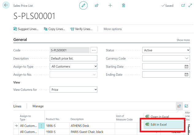 Näyttää Muokkaa Excelissä -toiminnon Myyntihintaluettelo-riveillä. 
