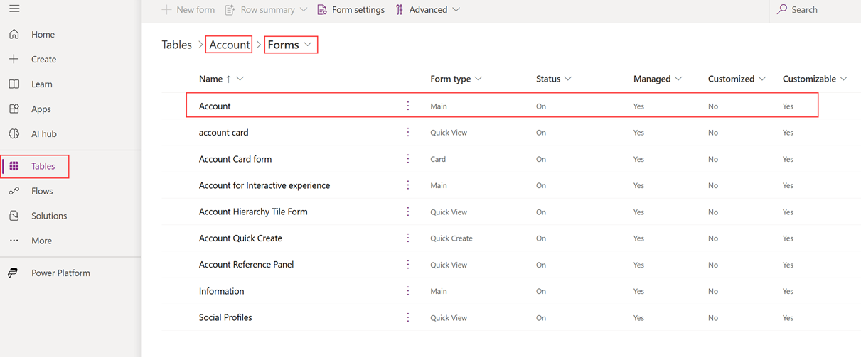 Näyttökuva liidin päälomakkeen valinnasta Liidi-taulukon Lomakkeet-välilehdestä.