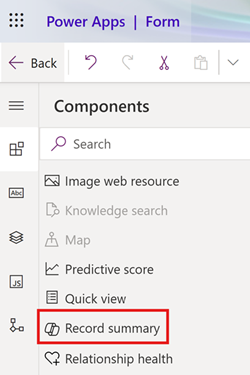 Näyttökuva Komponentit-sivustokartan Tietueen yhteenveto -osasta.