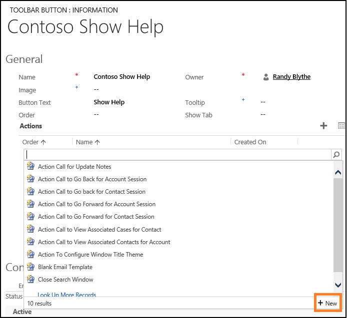 Choose New to create an action call Choose New to create an action call.