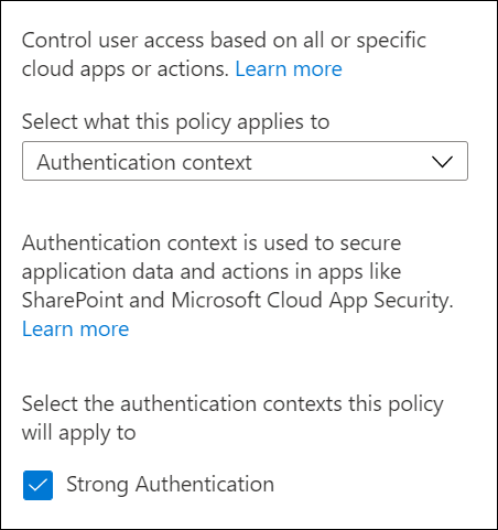 Screenshot showing how to add a Conditional Access authentication context to a policy