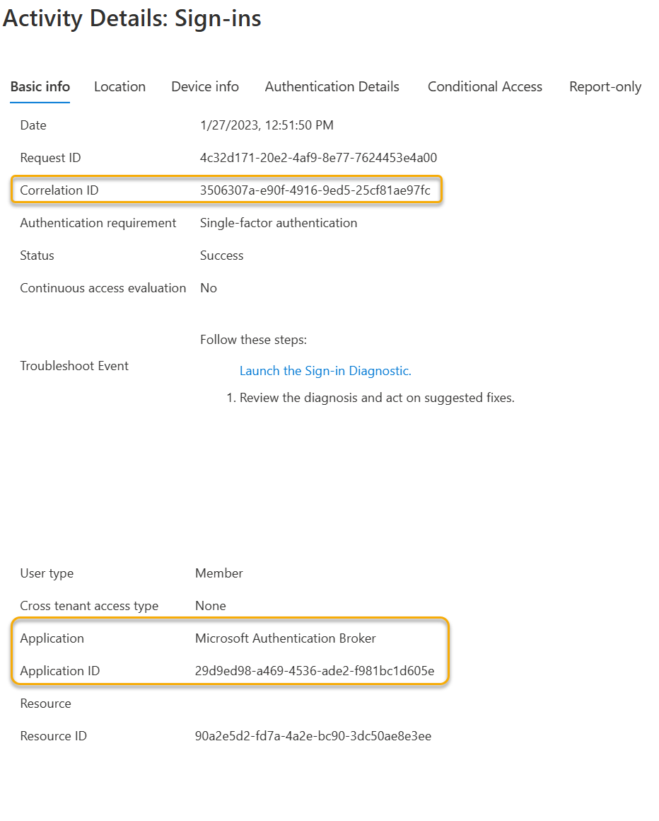 Screenshot showing the interactive User Sign-ins from Microsoft Entra ID showing an interactive sign into the Microsoft Authentication Broker Service.