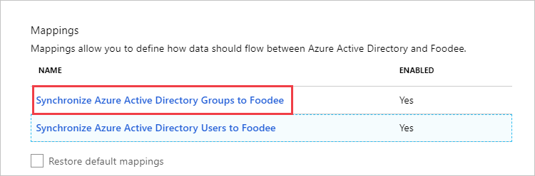 Screenshot of the Mappings section. Under Name, Synchronize Microsoft Entra groups to Foodee is highlighted.