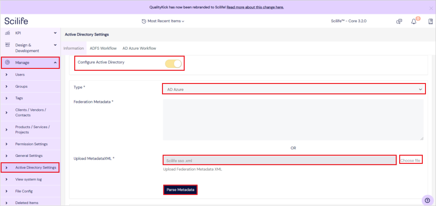 Admin Screenshot shows the Scilife Azure administration portal.