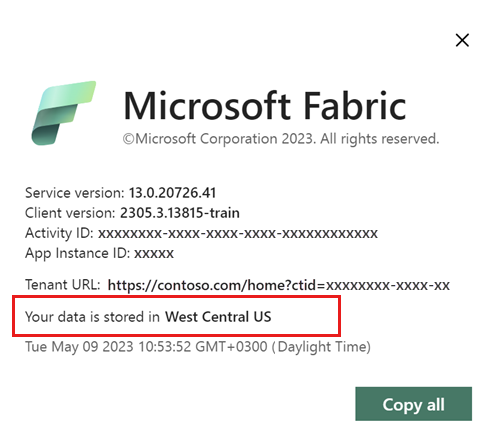 Screenshot showing the About Microsoft Fabric window with the data storage location highlighted.