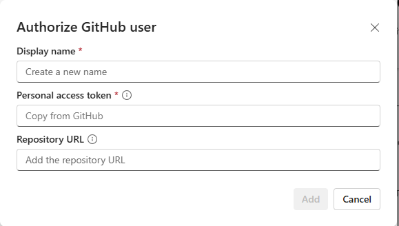 Näyttökuva GitHub-integroinnin käyttöliittymästä tilin lisäämiseksi.