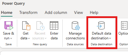 Kuvakaappaus Dataflow Gen2 -editorista oletuskohdeasetuksilla nauhassa.