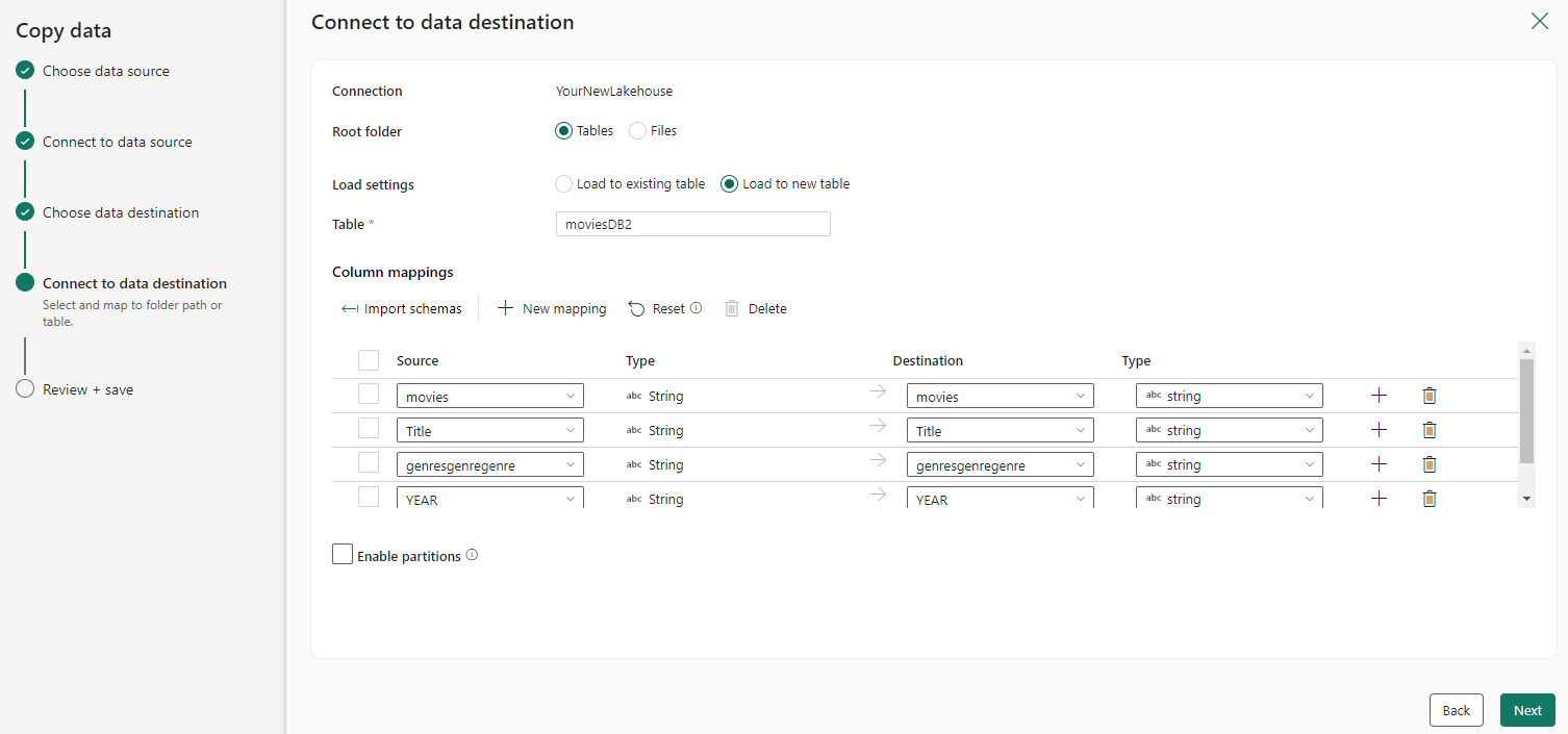 Näyttökuva, jossa näkyy Yhdistä tietokohteeseen -valintaikkuna kopioi tietoavustaja, jonka taulukon nimi on MoviesDB täytettynä.