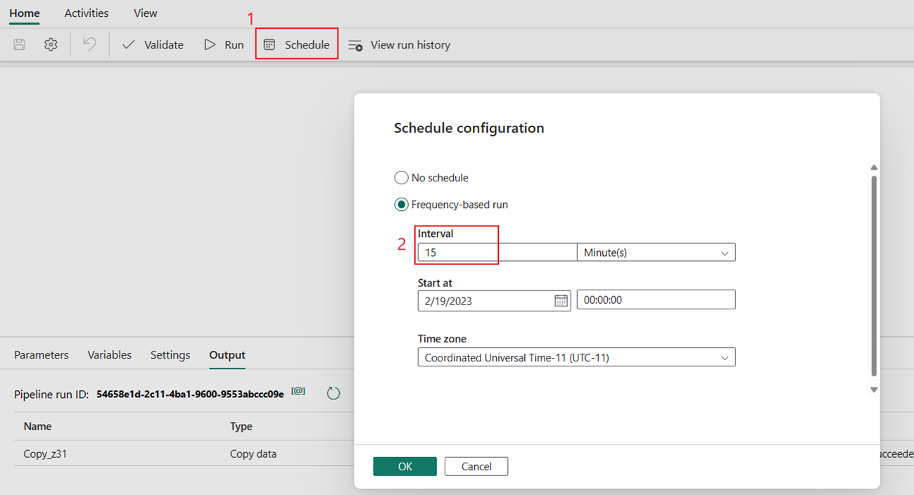 Näyttökuva, jossa näkyy aikataulun määritysvalintaikkuna.