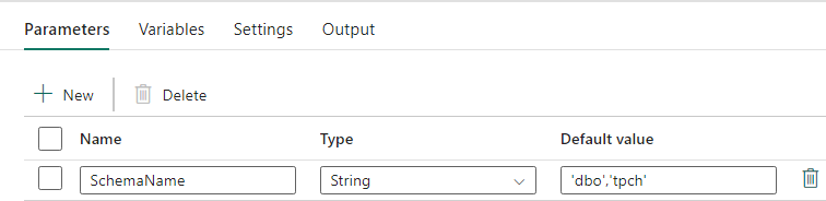 Kuvakaappaus Data Factorysta, jossa näkyy putkiston parametrit-välilehti. Nimikentässä 'SchemaName'. Oletusarvokentässä 'dbo','tpch' tarkoittaa, että nämä kaksi skeemaa tulisi siirtää.