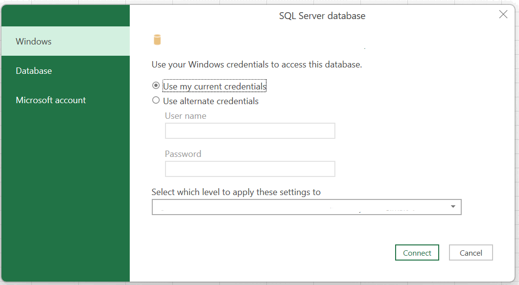 Näyttökuva Microsoft Excelistä, jossa näkyy SQL Server -tietokanta -valintaikkuna.