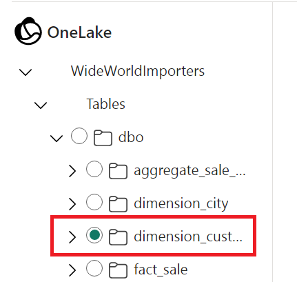 Kangasportaalin näyttökuva, jossa näkyy OneLake-objektiselain. WideWorldImporters, Tables, dbo -kohdan alla dimension_customer on punaisella muotoiltuna.