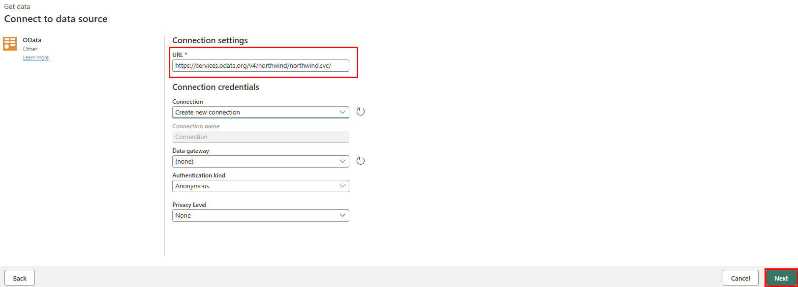 Näyttökuva Muodosta yhteys tietolähteeseen -valintaikkunasta, jossa on täytetty Northwindin OData-URL-osoite.