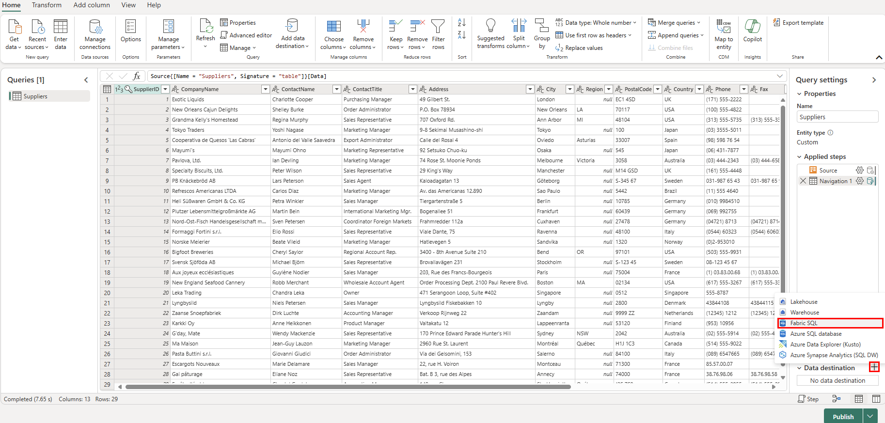 Näyttökuvassa näkyy uuden tietokohteen lisääminen Fabric SQL:ään.