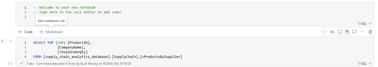 Näyttökuva muistikirjasta, joka näyttää käyttöliittymän uuteen Markdown-soluun.