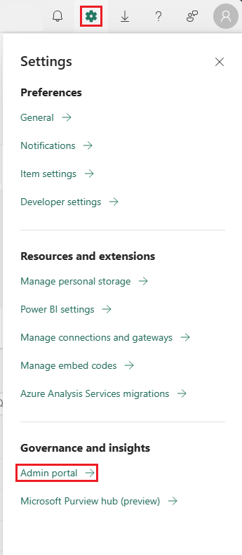 Kuvakaappaus, joka näyttää, miten pääsee Microsoft Fabric ylläpitoportaaliin.