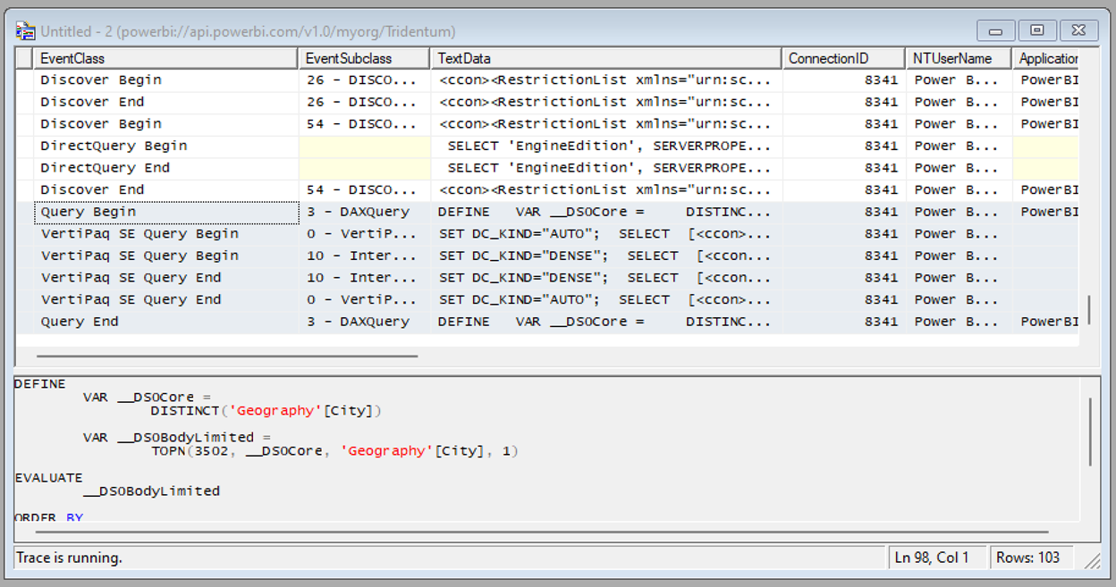 Näyttökuva SQL Server Profiler -kyselyiden käsittelytapahtumista.
