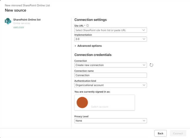 Kuvakaappaus SharePoint Online -listan yhteyden muodostamisen dialogista sivuston URL-osoite, tunnistetiedot ja yksityisyystason asetukset.