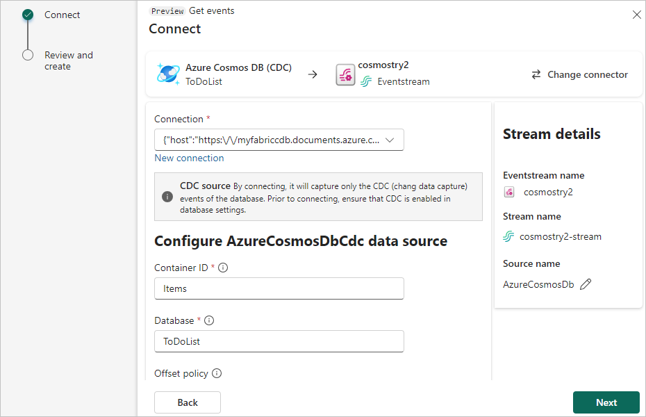 Näyttökuva Azure Cosmos DB CDC -lähteen yhteyden tiedoista.