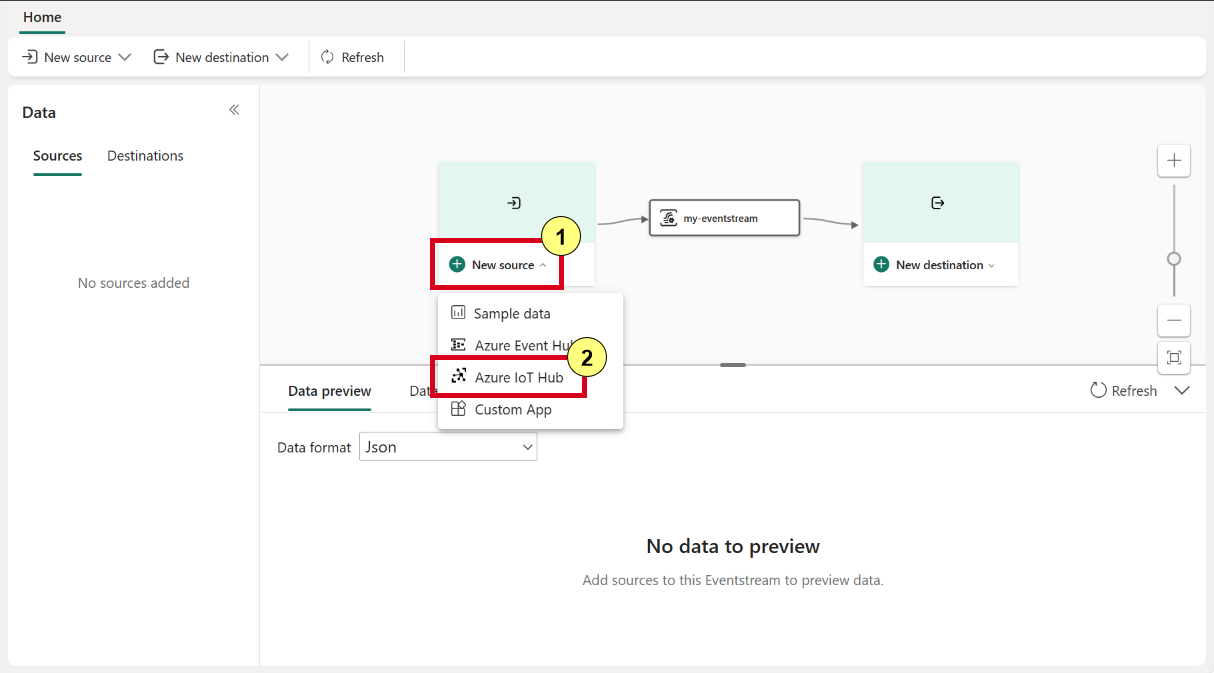 Näyttökuvassa näkyy, minne voit lisätä Azure IoT -keskittimen lähteen tapahtumavirrassa.