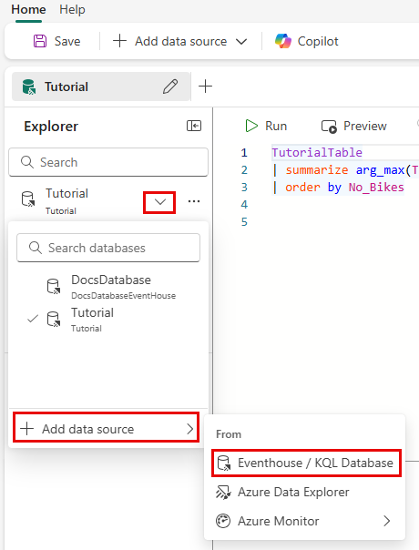 Näyttökuva tietolähdevalikosta, jossa näkyy yhdistettyjen tietolähteiden luettelo.