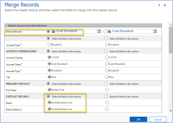 Select master record and fields to merge Select master record and fields to merge.
