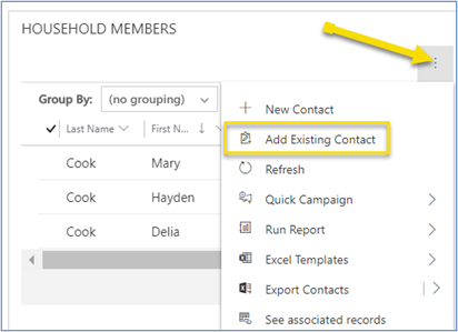 Add existing contact as household member Add existing contact as household member.