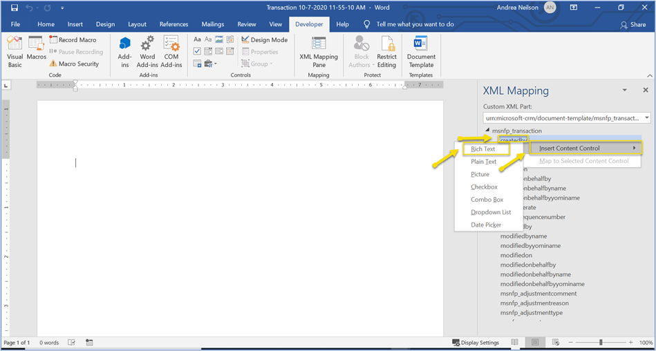 Insert a content control for a dynamic field Insert a content control for a dynamic field.