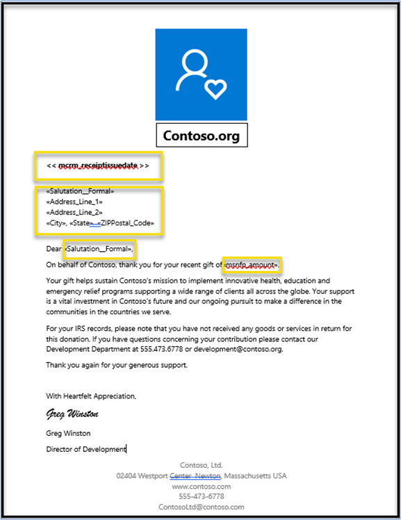 Completed Word template with dynamic fields highlighted Completed Word template with dynamic fields highlighted.