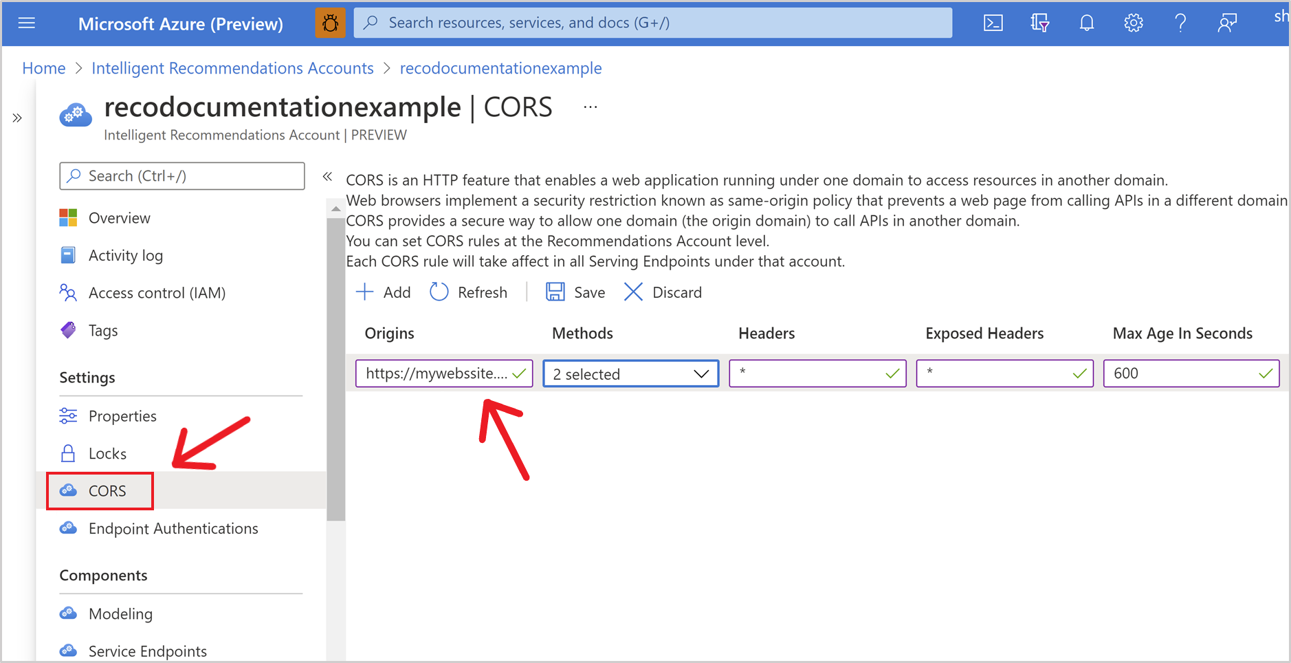Configure CORS from within your Intelligent Recommendations account Configure CORS from within your Intelligent Recommendations account