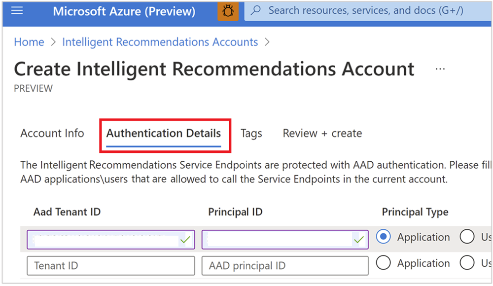 Authentication Details tab Authentication Details tab