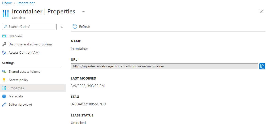 Locate the URL for your container from the Properties panel. Locate the URL for your container from the Properties panel.