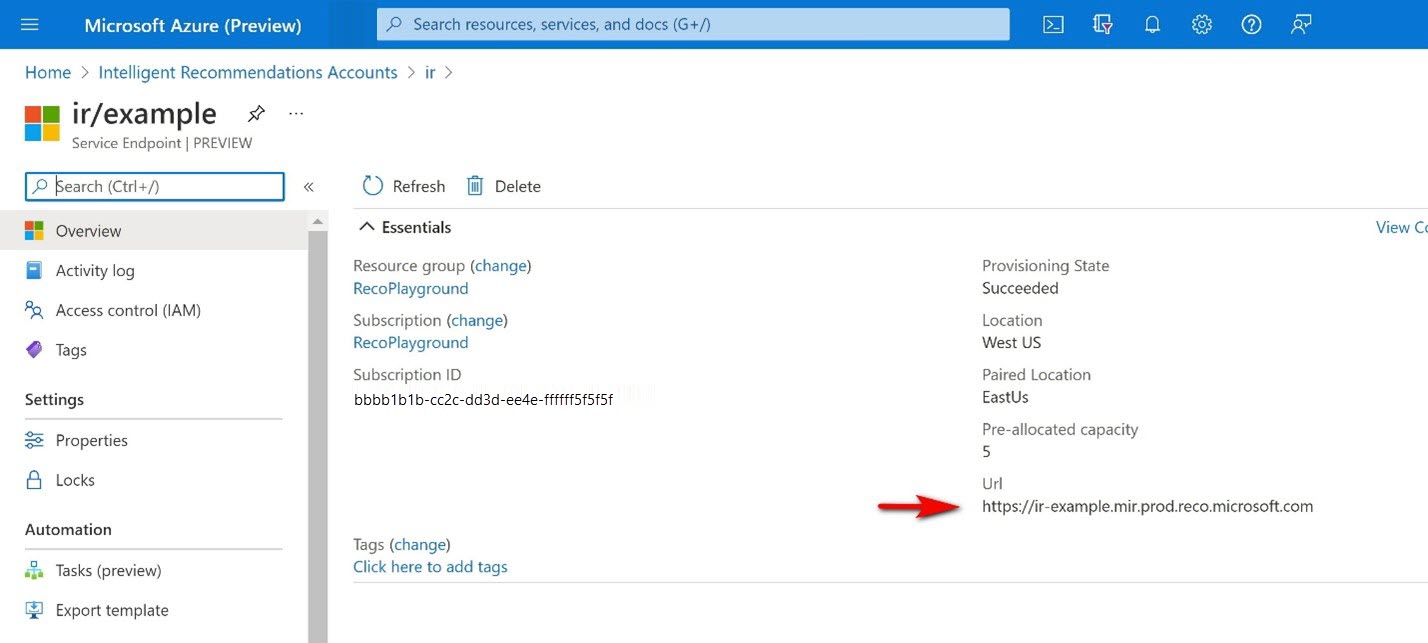 Locate the service endpoint URL under the properties of the endpoint resource Locate the service endpoint URL under the properties of the endpoint resource.