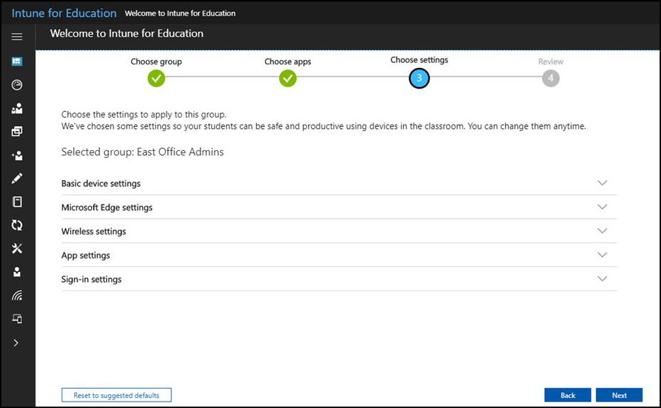 The choose settings screen. Settings are organized into a collapsed list, including divisions such as device sharing, basic device settings, app settings, browser settings, and more.